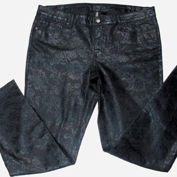BISOU BISOU Women's Black Jeans Shiny Floral Pants Size 16 - Picture 1 of 5